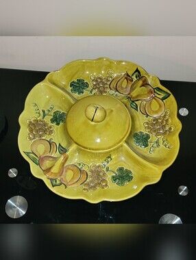 VINTAGE CALIF LAZY SUSAN  Ceramic Fruit Motif Divided Serving Dish with Lid